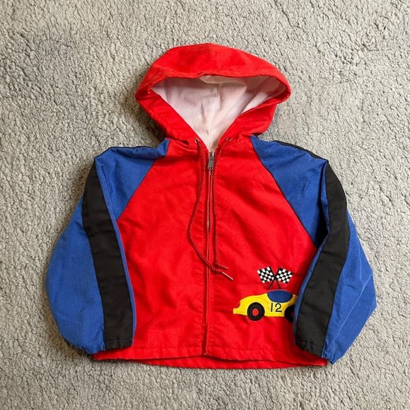 Gerber Other - Vintage Gerber Race Car Theme Jacket Toddler boys Size 2T Red Blue w/ hood